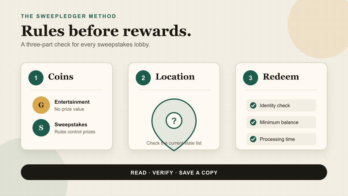 Three-part sweepstakes casino checklist covering coins, location rules, and redemption checks.